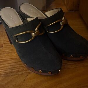 Veronica Beard Dark Suede Clogs with Gold Accents